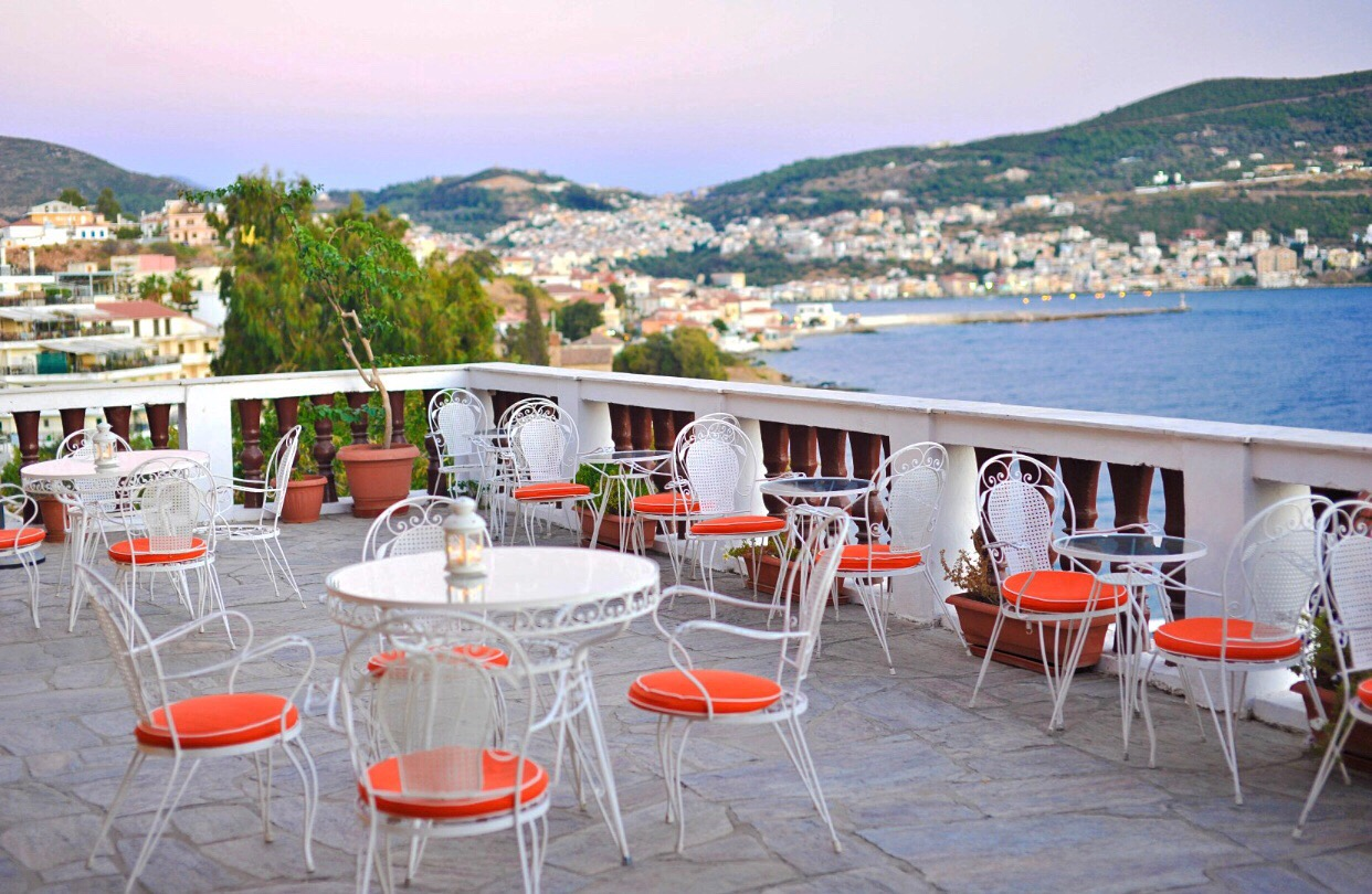 Mirini Hotel terrace overlooking Samos Bay